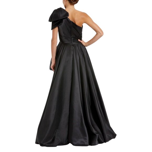 Mac Duggal 11800 Womens Size 14 Black Satin One Shoulder Bow Gown Maxi Dress - Picture 4 of 4